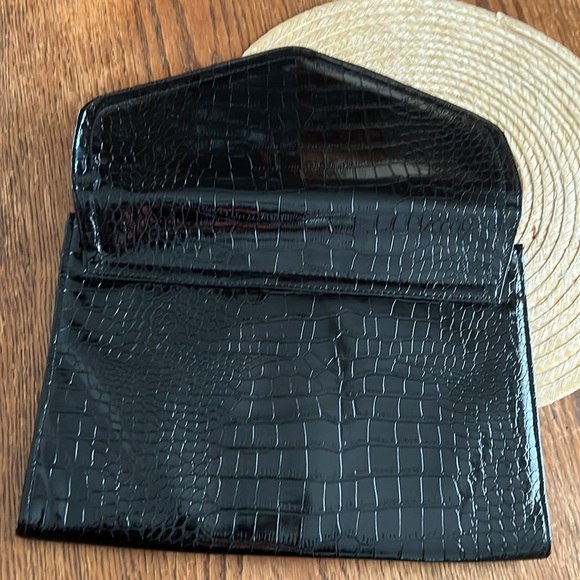 Vintage Black Croc Embossed Minimalist Envelope Clutch Purse Bag - Picture 3 of 4